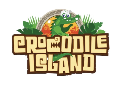 Логотип "Crocodile Island" зображує силует крокодила на фоні тропічного острова.