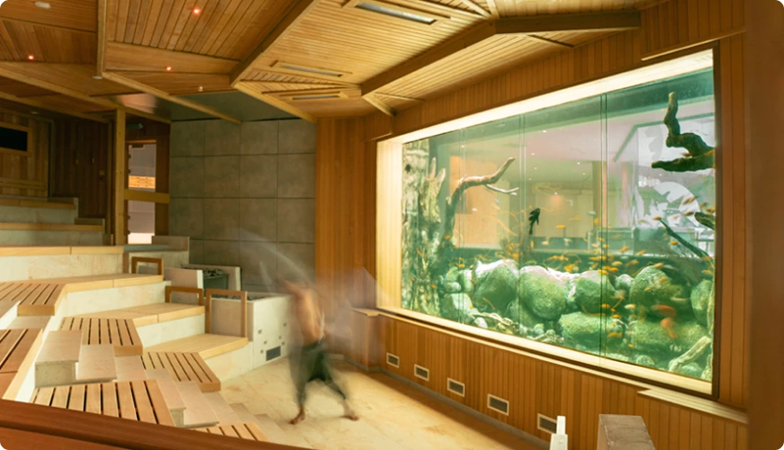Sauna w strefie Tropical SPA z dużym akwarium na ścianie, przytulne wnętrze i drewniane ławki