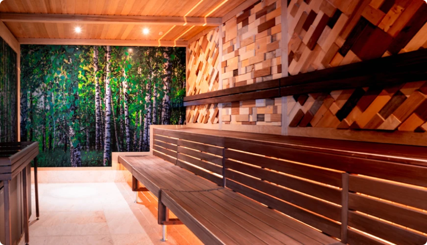 Sauna w strefie Tropical SPA z drewnianymi ścianami i malowidłem przedstawiającym brzozowy las