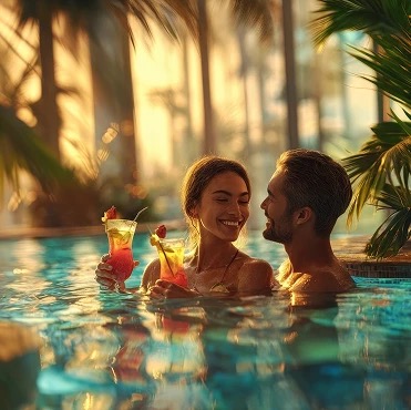 Couple relaxing in pool with cocktails in tropical atmosphere with palm shadows
