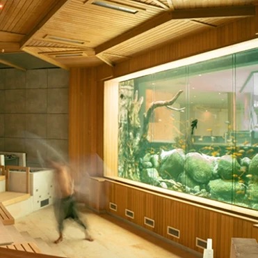 Modern sauna with wooden elements, large tropical fish aquarium and relaxing atmosphere